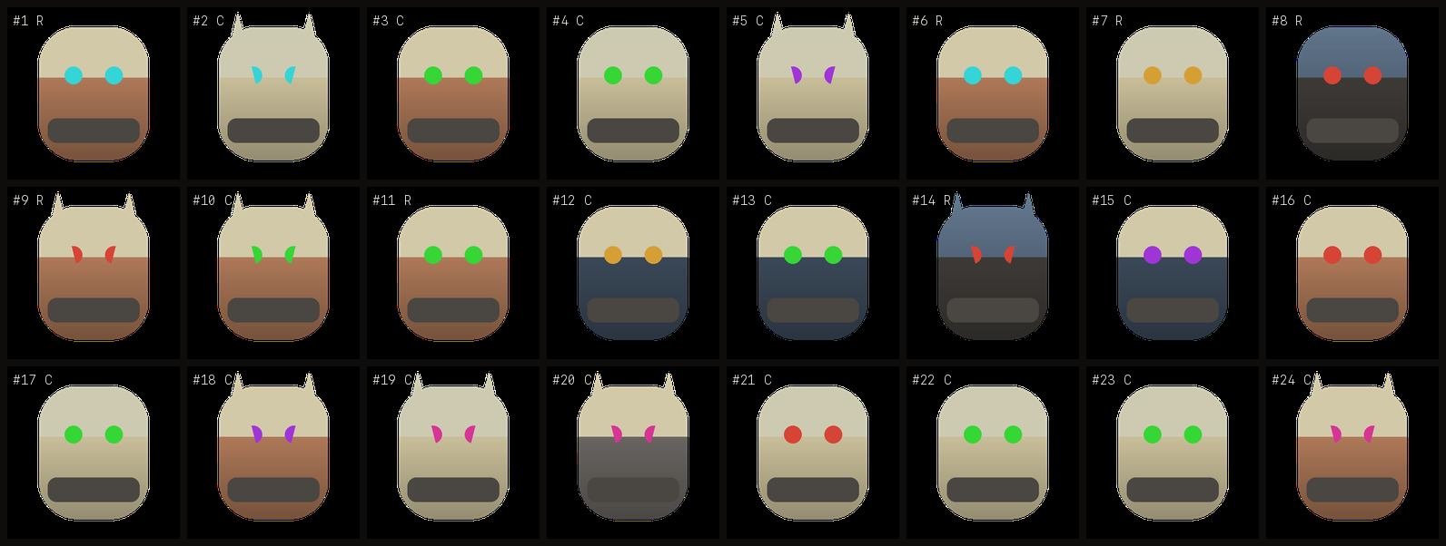 Twenty-four generated items in a grid, all clearly the same species, varying in body colour, accent colour and accessories.